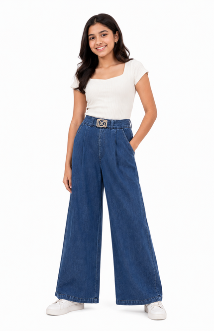 Classic Blue Wide-Leg Denim Girls Pants