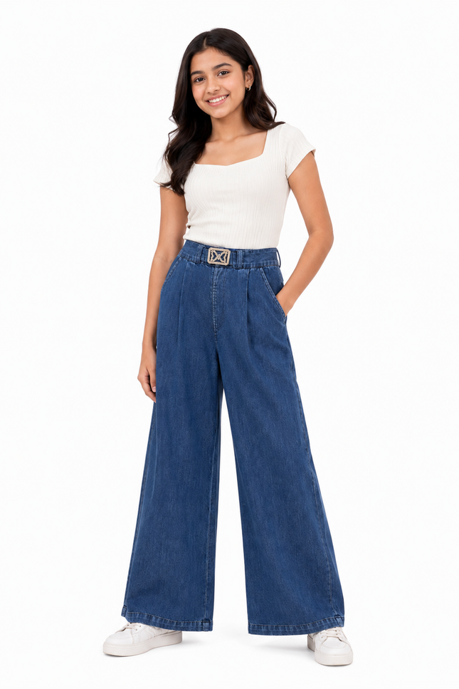 Classic Blue Wide-Leg Denim Girls Pants