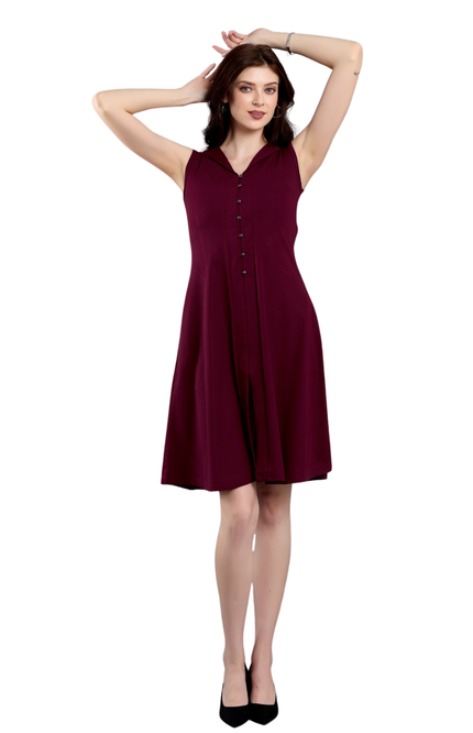 Women's Sleeveless Maroon A-Line Dress with Button-Down Front