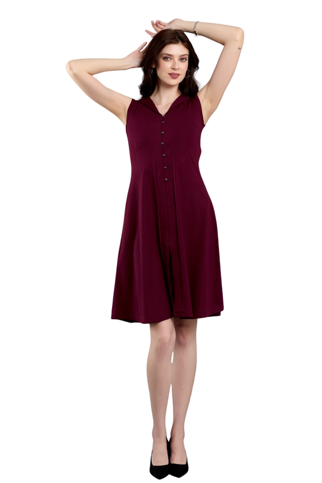 Women's Sleeveless Maroon A-Line Dress with Button-Down Front