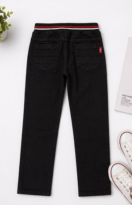 Boys Black Regular Fit Jeans with Elastic Waist & Drawstring
