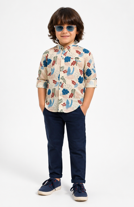 Boys' "Curious Bear" Print Button-Down Shirt and Denim Jeans Set