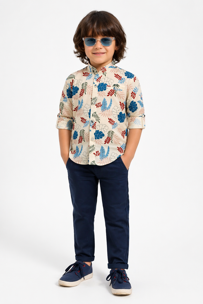 Boys' "Curious Bear" Print Button-Down Shirt and Denim Jeans Set