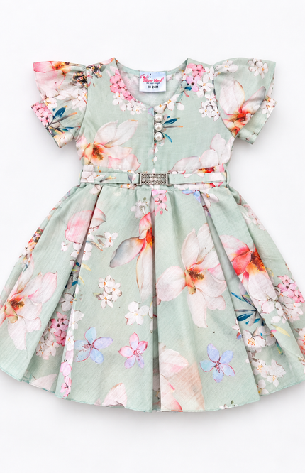 Girls’ Mint Green Floral Printed Dress with Waist Belt