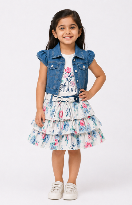 Girls' Denim Vest & Floral Tiered Skirt 3-Piece