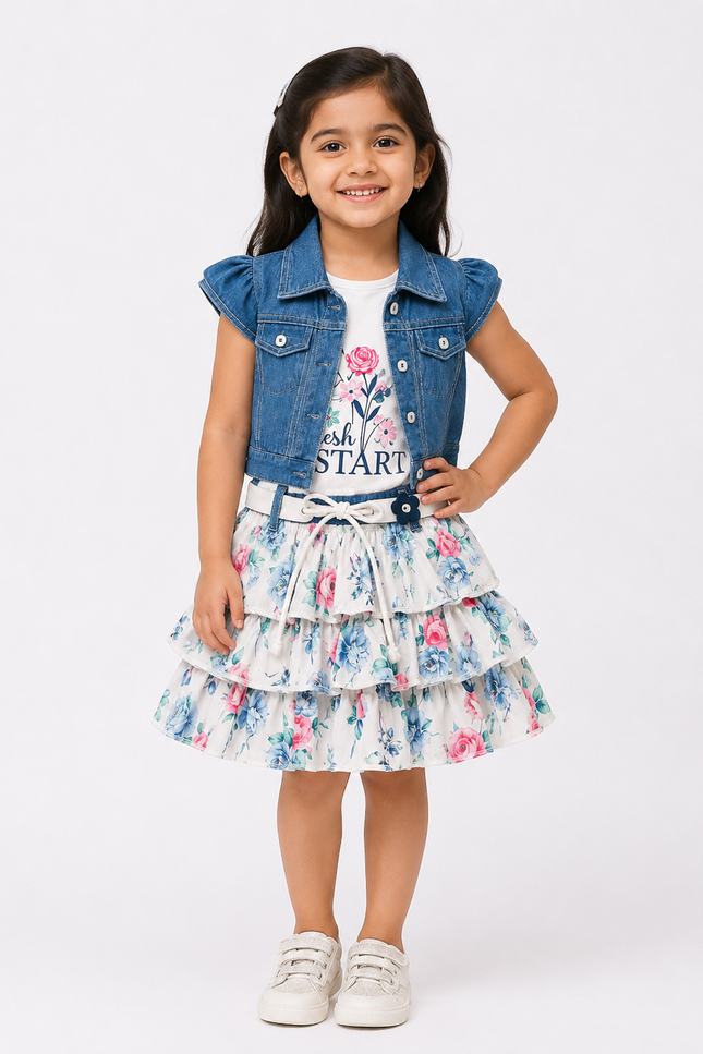 Girls' Denim Vest & Floral Tiered Skirt 3-Piece