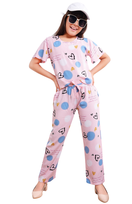 Girls' Pink "Colorful as You" Rayon Lounge Set | Polka Dot & Heart Print