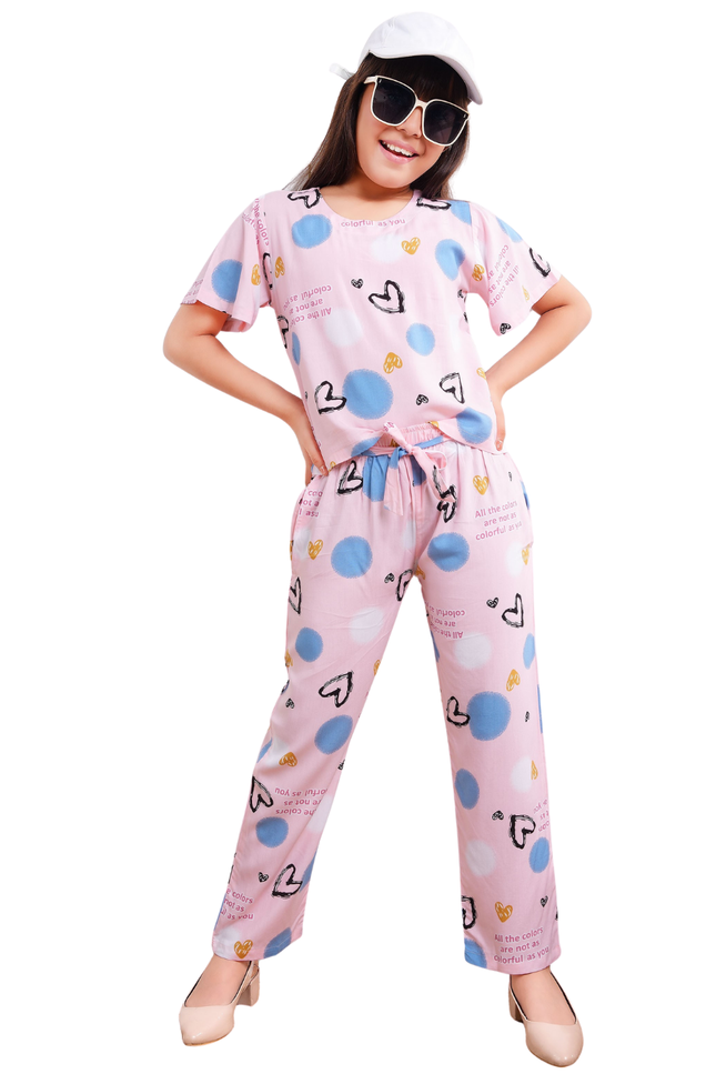 Girls' Pink "Colorful as You" Rayon Lounge Set | Polka Dot & Heart Print