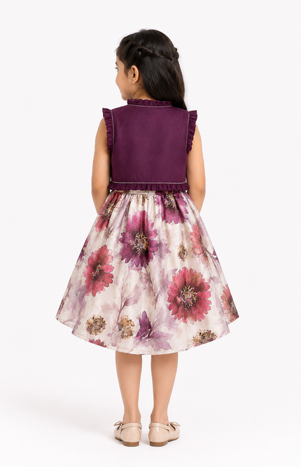 Wine Floral Party Dress with Embroidered Jacket