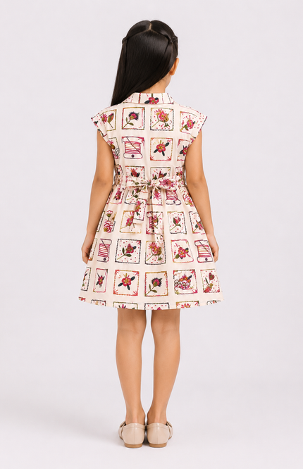 Vintage Floral Patchwork Collared Dress with Belt