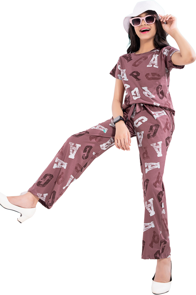 Girls' Alphabet Typography Pajama Set | Mauve & White Hosiery PJs