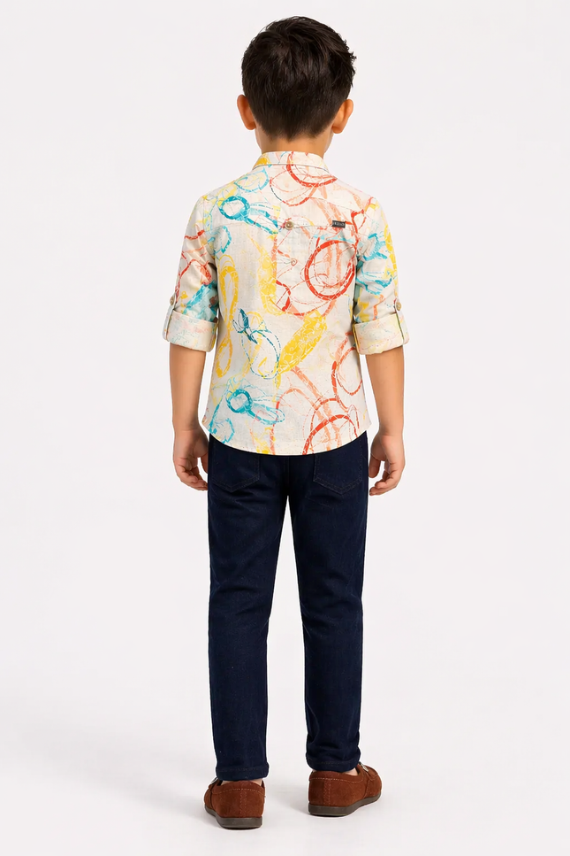 Boys' Colorful Abstract Print Popover Shirt and Navy Denim Set