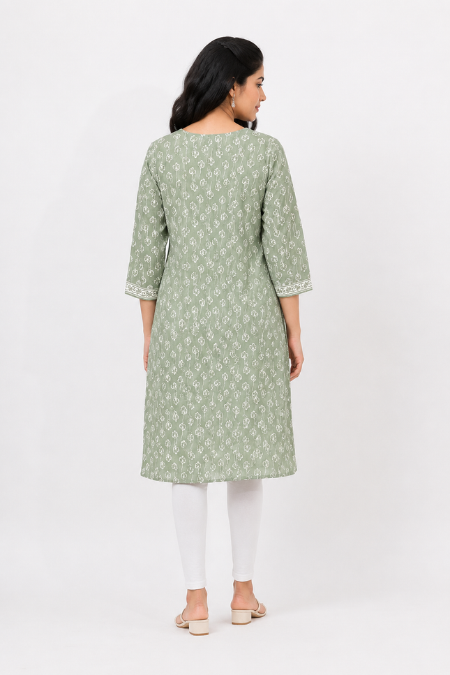 Sage Green Floral Print Kurti