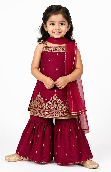wine Embroidered Kurti Palazzo Set with Dupatta for Girls