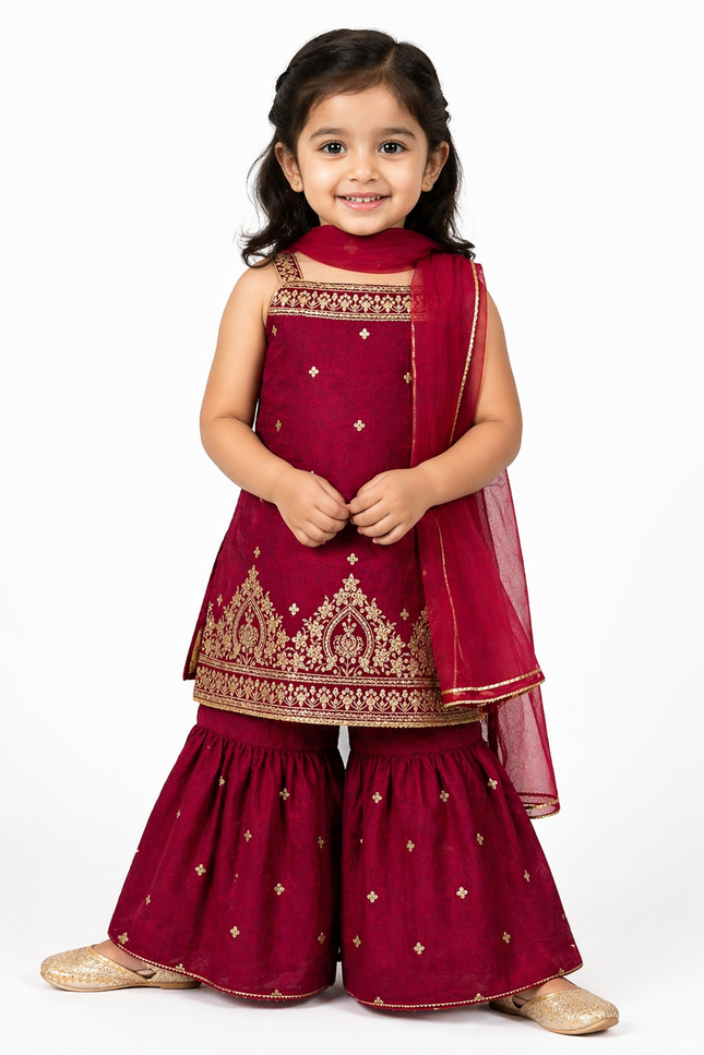 wine Embroidered Kurti Palazzo Set with Dupatta for Girls