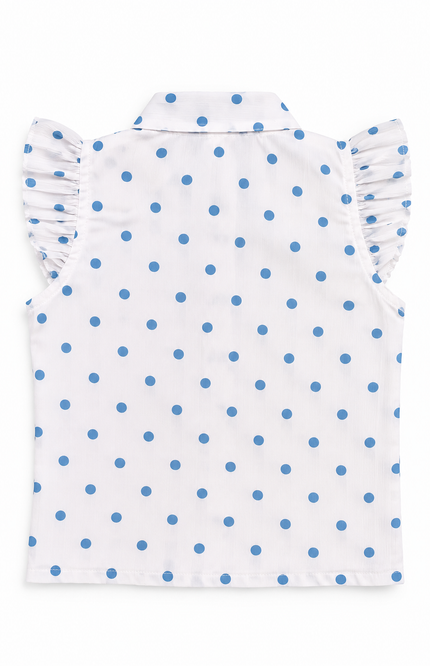 White Polka Dot Tie-Up Top with Blue Pleated Skirt Set
