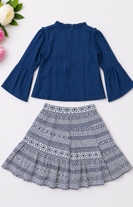Navy Blue Top & Printed Flared Skirt Set for Girls