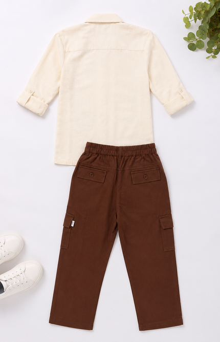 Cream Printed Shirt & Brown Cargo Pants