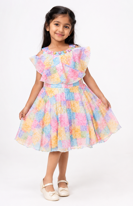 Floral Layered Flutter Sleeve Girls Dress