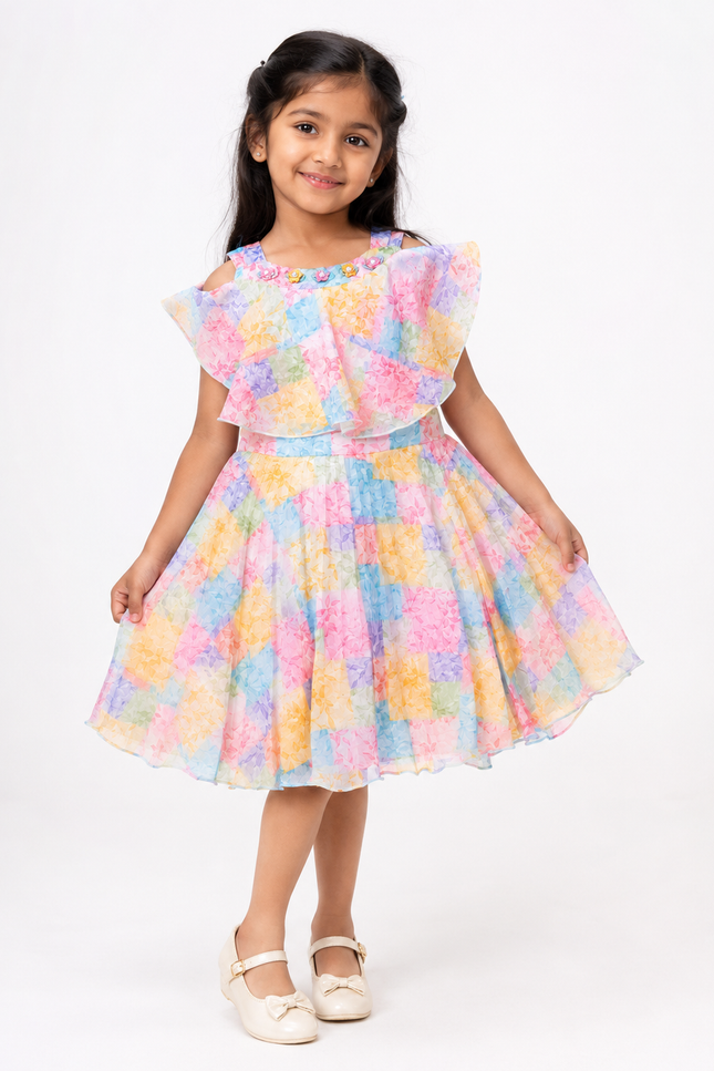 Floral Layered Flutter Sleeve Girls Dress
