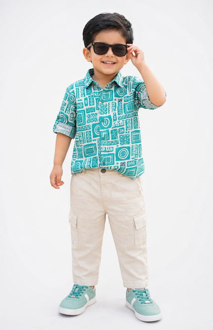 Boys' Teal and White Geometric Print Shirt with Khaki Linen Cargo Joggers