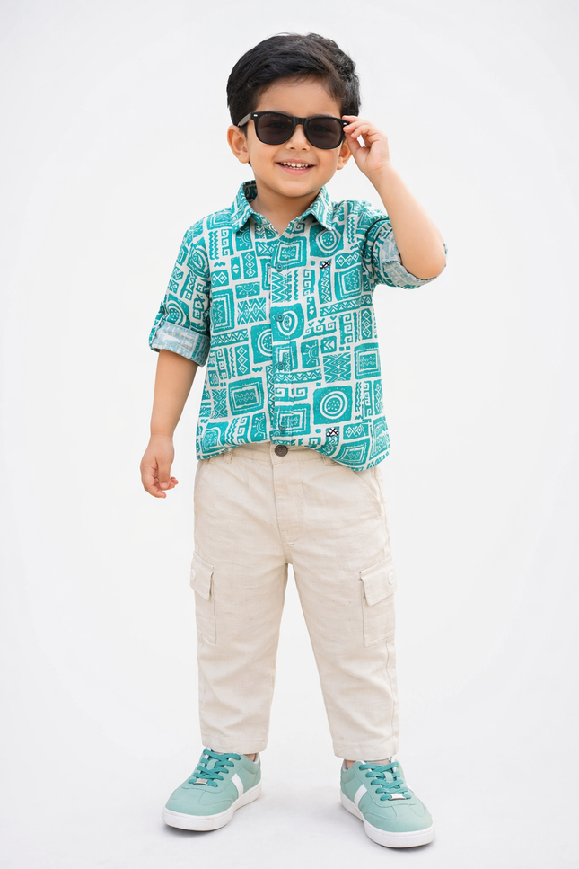 Boys' Teal and White Geometric Print Shirt with Khaki Linen Cargo Joggers