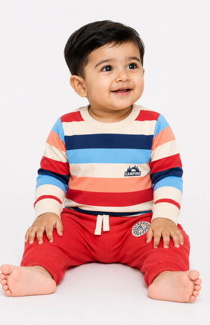 Multicolor Striped Sweatshirt & Red Jogger Co-Ord Set