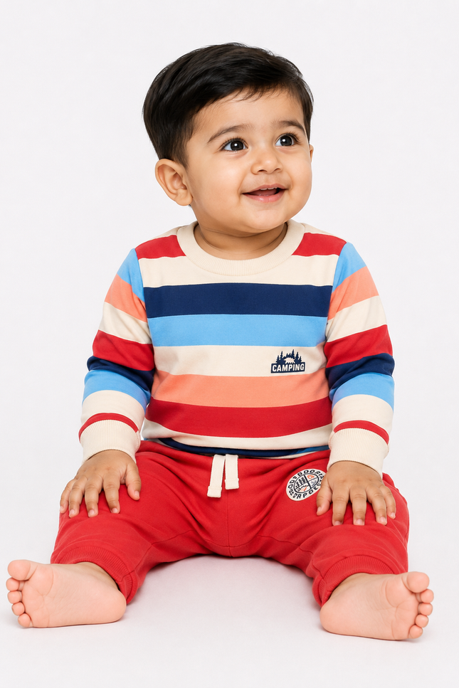 Multicolor Striped Sweatshirt & Red Jogger Co-Ord Set