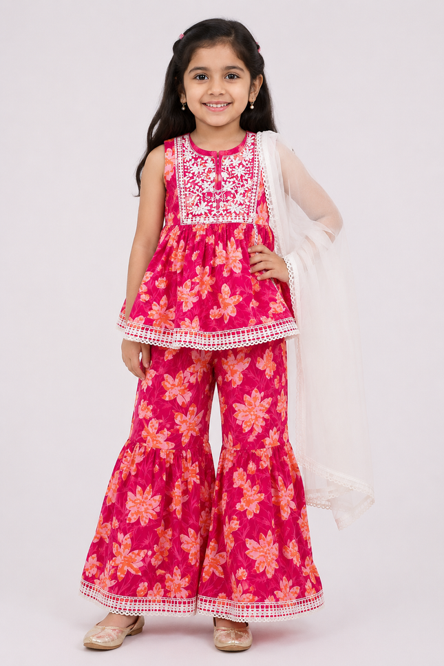 Pink Floral Sharara Set with Dupatta for Girls