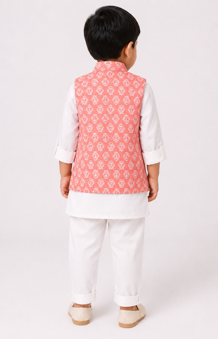 Ethnic Printed Jacket Set with White Kurta & Pants