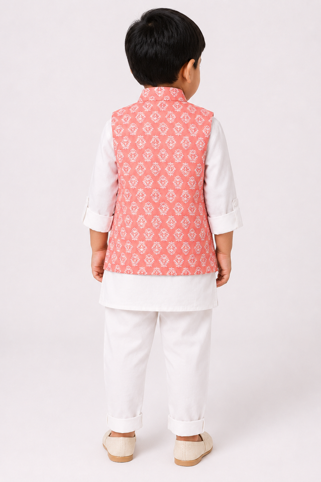 Ethnic Printed Jacket Set with White Kurta & Pants