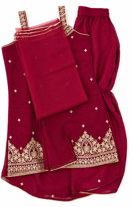wine Embroidered Kurti Palazzo Set with Dupatta for Girls