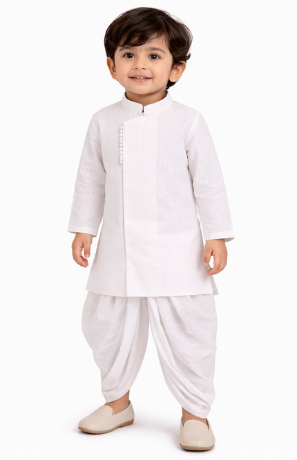 Boys' White Angarkha Kurta & Dhoti Set with Potli Buttons