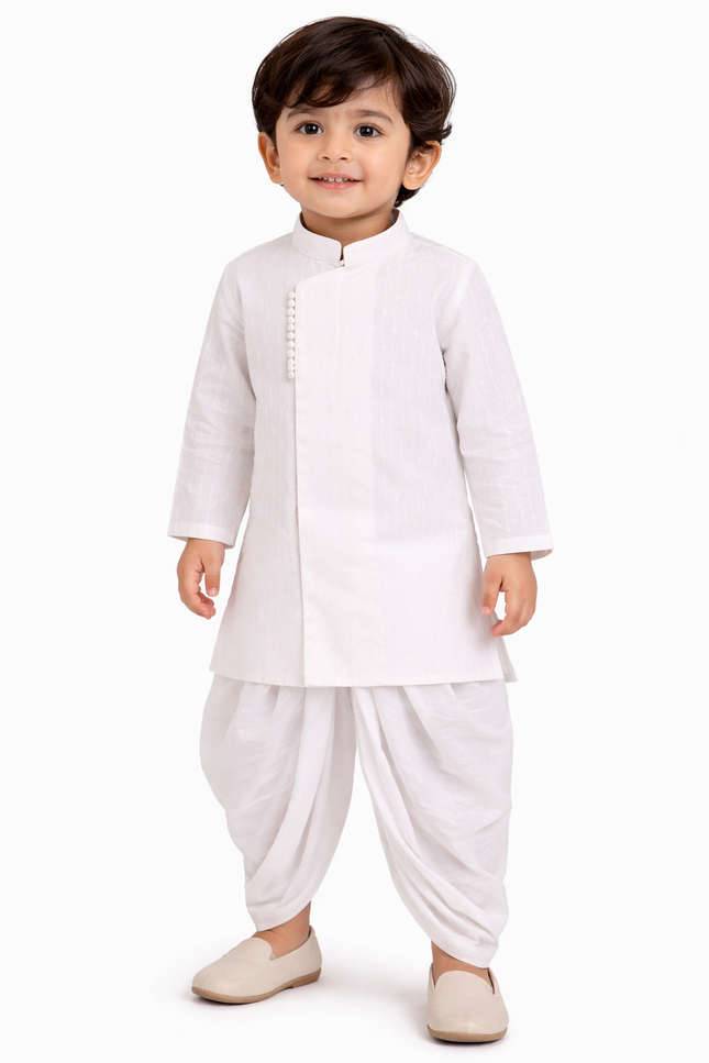 Boys' White Angarkha Kurta & Dhoti Set with Potli Buttons