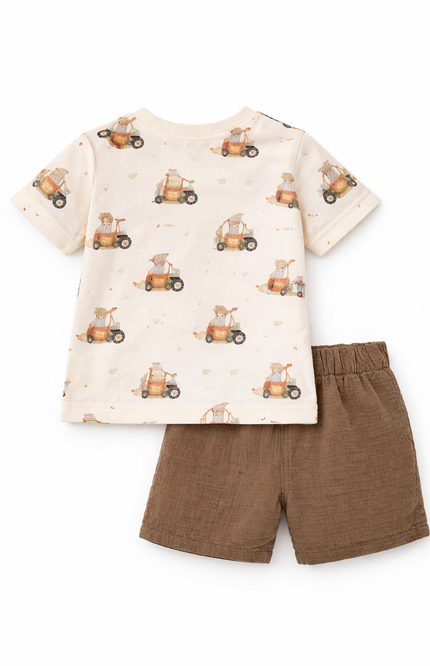 Infant Boys' Cream All-Over Tractor Print Tee and Brown Slub-Textured Shorts Set