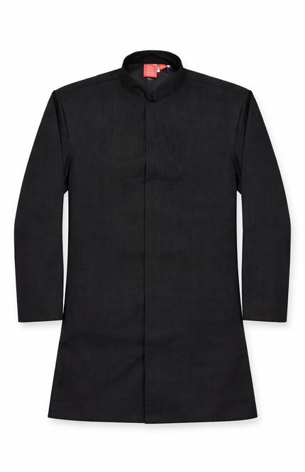 Boys' Black Kurta & Pajama Set with White Peacock Printed Nehru Jacket