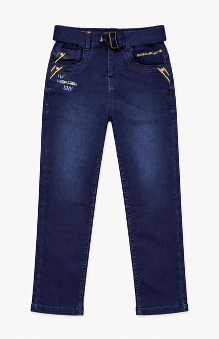 Boys' Aviation-Themed Embroidered Denim Jeans with Utility Belt