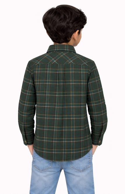 Kids' Designer Forest Green Checked Full-Sleeve Shirt – Premium Apple Cut Hem