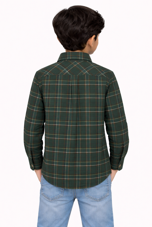 Kids' Designer Forest Green Checked Full-Sleeve Shirt – Premium Apple Cut Hem