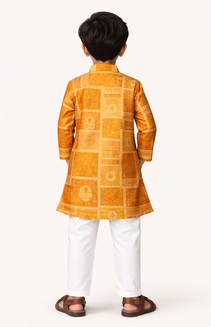 Kids' Ethnic Festive Set – Traditional Ochre Yellow Kurta & Cotton Pajama
