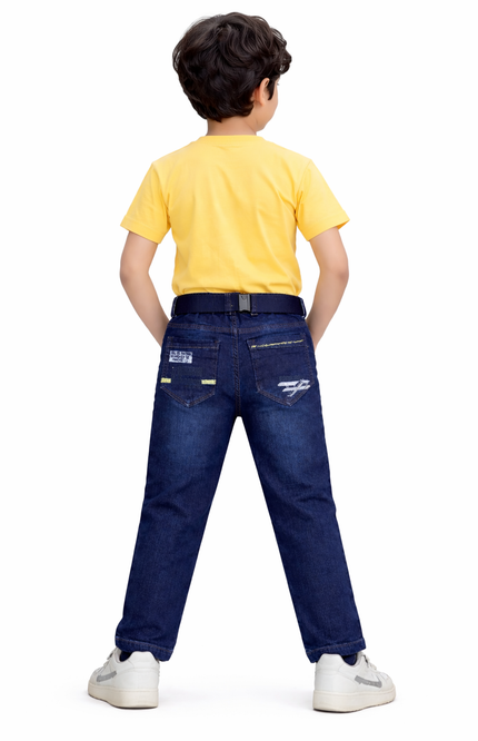 Boys' Aviation-Themed Embroidered Denim Jeans with Utility Belt
