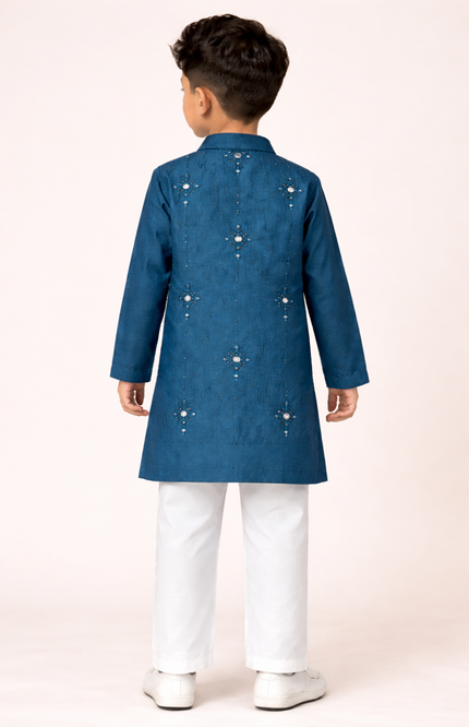 Boys' Royal Teal Kurta Set with Intricate Mirror & Sequin Work
