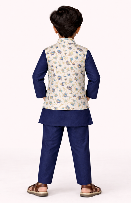 Kids' Premium 3-Piece Ethnic Set – Navy Blue Celebration Wear with Waistcoat