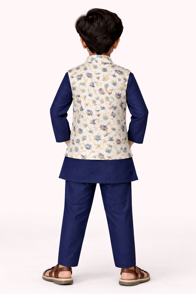 Kids' Premium 3-Piece Ethnic Set – Navy Blue Celebration Wear with Waistcoat