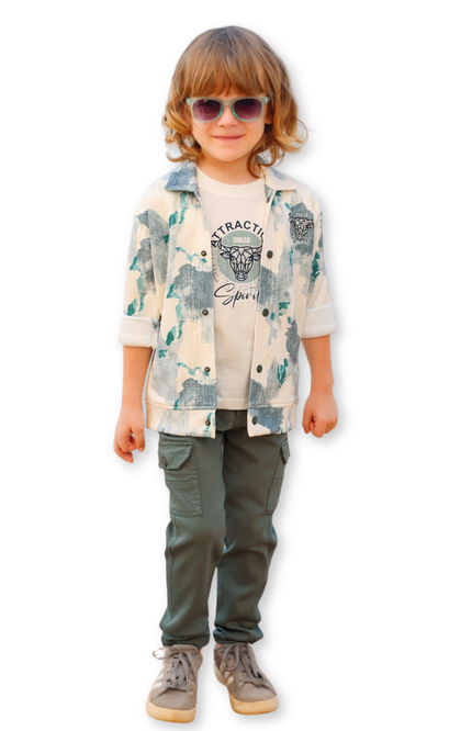 Boys' Artistic Print Jacket, Bull Graphic Tee, & Olive Cargo Pants Set