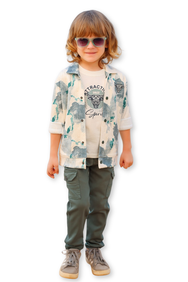 Boys' Artistic Print Jacket, Bull Graphic Tee, & Olive Cargo Pants Set