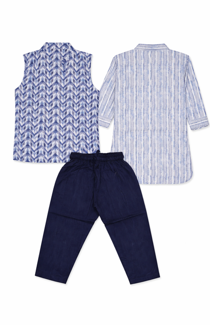 Boys' Indigo Chevron Print 3-Piece Kurta Pajama Set with Waistcoat