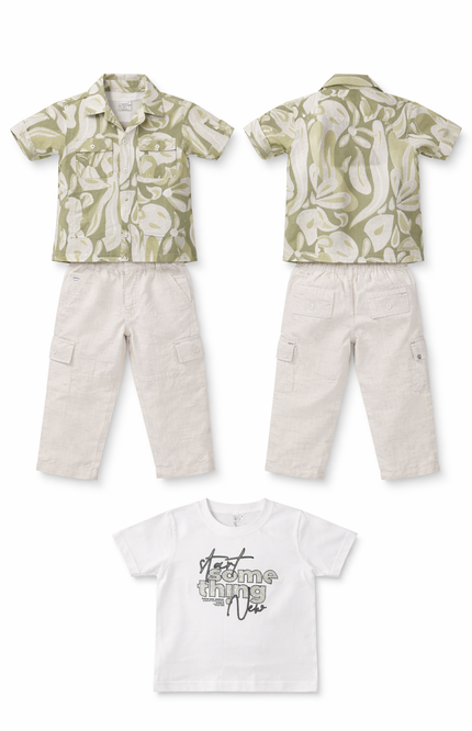 Boys' 3-Piece Cotton Sage Green Printed Shirt and Cargo Set
