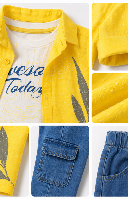 Boys' Sunshine Yellow Leaf Print Shirt and Cargo Denim Jeans Set
