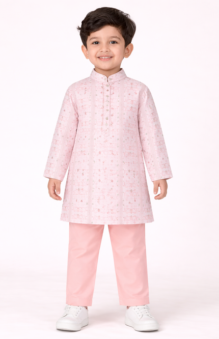 Boys' Blush Pink Geometric Print Kurta Set with Mirror Work